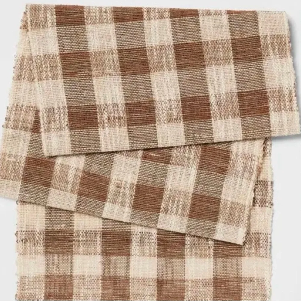 Threshold Plaid Brown & Tan Table Runner - Hemp - Rayon Cotton- Linen Blend